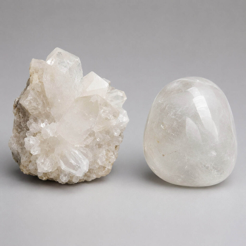 Cluster of clear quartz crystals on a rough beige rock beside a smooth white stone on a gray background.
