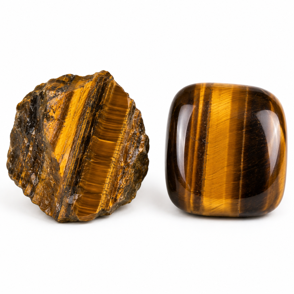 Two tiger's eye stones, one rough and one polished cabochon, showing golden-brown chatoyancy on a white background.